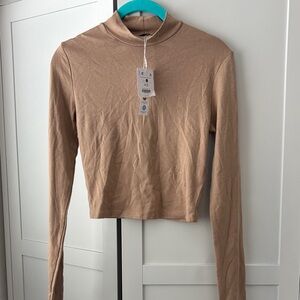 NWT Bershka Women’s Mock Neck Long Sleeve Crop Top - Tan